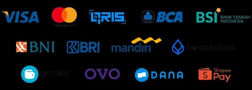 Payment Channels (Visa, Mastercard, QRIS, BCA, BSI, BNI, BRI, Mandiri, Permata, GoPay, OVO, DANA, ShopeePay)
